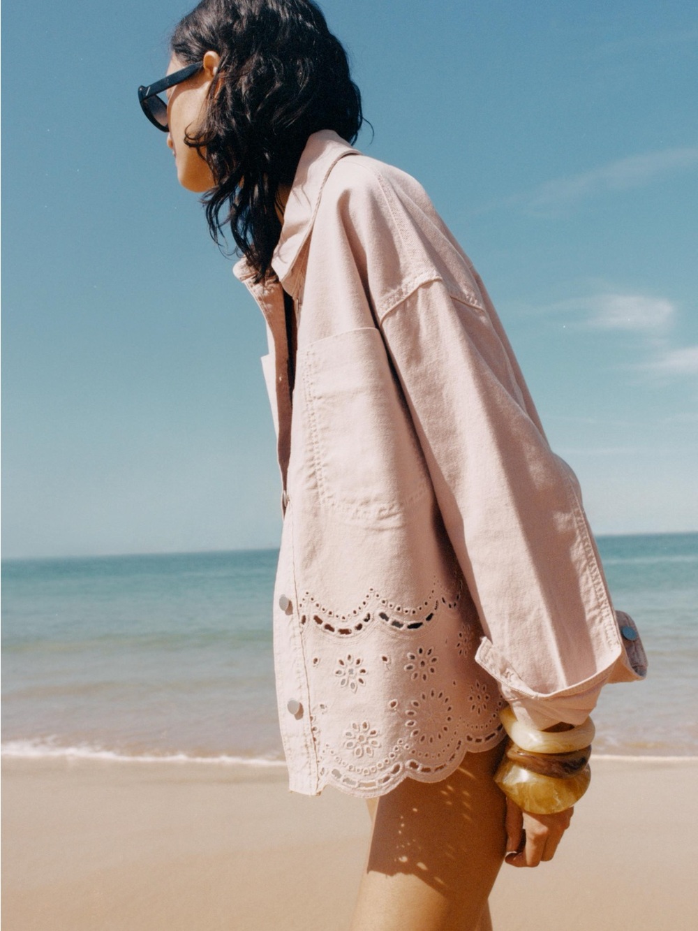 Zara Blush Pink Eyelet-Hem Denim Jean Jacket M L XL - Picture 14 of 16